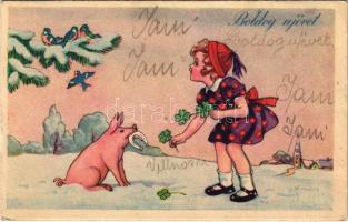 Boldog Újévet / New Year greeting art postcard, girl with pig, horseshoe and clovers (Rb)