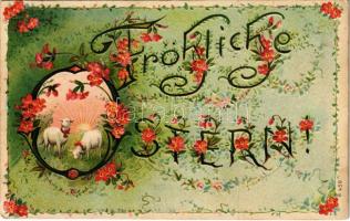 1909 Fröhliche Ostern / Easter greeting art postcard with sheep. Art Nouveau, floral, Emb. litho (ragasztónyom / glue marks)