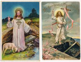 2 db RÉGI húsvéti üdvözlőlap Jézussal / 2 pre-1945 Easter greeting art postcards with Jesus