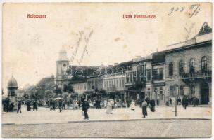 1908 Kolozsvár, Cluj; Deák Ferenc utca, Stief Jenő és Társa üzlete, Grand kávéház, nyomda, hirdetőoszlop. Fabritius Erik kiadása / street view, shops, cafe, advertising column (fl)