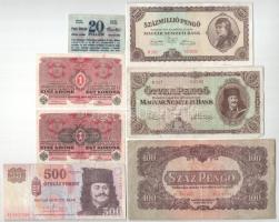 7db-os vegyes korona, pengő és forint bankjegy tétel, közte 1916. 1K (2xklf) + 1944. 100P &quot;A Vöröshadsereg Parancsnoksága&quot; + 1945. 50P + 1946. 100.000.000P + 2010. 500Ft + Budapest ~1920. 20f &quot;Pesti Hírlap&quot; fizetési jegye T:F