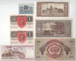 7db-os vegyes korona, pengő és forint bankjegy tétel, közte 1916. 1K (2xklf) + 1944. 100P "A Vö...