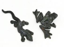 Öntöttvas béka és gyík figura, egyik jelzett, kopással, h: 12-17 cm