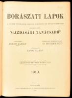 1910 Borászati Lapok. A ,,Magyar Szőlősgazdák Egyesületé-nek hivatalos közlönye. Különmelléklete a Gazdasági Tanácsadó. Szerk.: Dr. Drucker Jenő - Liptai Albert. Negyvenkettedik (XLII.) évfolyam. (Teljes évfolyam egy kötetben). Bp., 1910, Pátria-ny., VII+(1)+838 p. Fekete-fehér képekkel, hirdetésekkel. Aranyozott gerincű félvászon-kötésben, kissé sérült, kopott borítóval, belül a lapok nagyrészt jó állapotban, 38x29 cm.