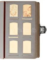 Századfordulós, nagyméretű fotóalbum, vizitkártyáknak és kabinetfotóknak. Bőr borítással, réz verete...