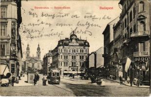 1910 Budapest VIII. Baross utca, villamos, Korányi és Fröhlich redőnygyára, Bodó kávéház, Józsefvárosi Népkör, üzletek (EK)