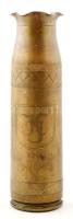 1944 Töltényhüvelyből készített váza, vésett monogramos mintával, feliratai: oldalán "Apukád - 6. harctér - G Rabicz 1944", alján "Készítette Nagy Frencz Fegyver M Grabic 1944". Bronz, m: 19,5 cm