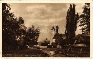 Nagyszalók, Grossschlagendorf, Velky Slavkov (Magas-Tátra, Vysoké Tatry); templom, híd, folyó / church, bridge, river (ragasztónyom / glue marks)