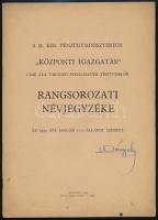 1938-1940 A M. Kir. Pénzügyminisztérium ,,Központi Igazgatás" címe alá tartozó fogalmazási tisztviselők rangsorozati névjegyzéke. Az 1939. évi január 15-i, ill. 1940. évi március 1-i állapot szerint. Bp., M. Kir. Állami-ny., 16 p., 16 p. Tűzött papírkötés, néhány kisebb sérüléssel. A címlapokon Dr. Rácz Gyula névbejegyzésével, bennük kézzel írt javításokkal, kiegészítésekkel.