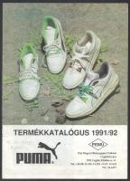 1991/92 Puma termékkatalógus (cipők), képekkel illusztrált, hátoldalán cipőméret-átszámítási táblázatokkal