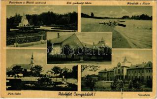 1943 Csongrád, Park, Hősök szobra, Téli gazdasági iskola, Fürdőzők a Tiszán, Park, Városháza. Untermüller Endre kiadása (EK)