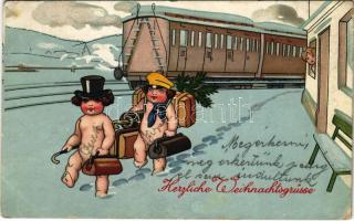 1922 Herzliche Weihnachtsgrüsse / Christmas greeting art postcard, railway station with train (EK)