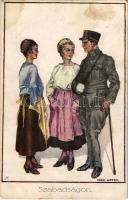 1917 Szabadságon. osztrák-magyar sérült katona / WWI K.u.K. military art postcard with injured soldier s: Géza Lippay (kis szakadás / small tear)