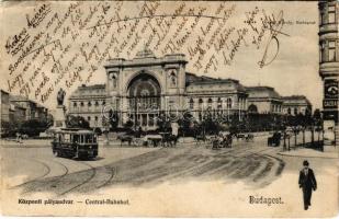 1903 Budapest VII. Központi (Keleti) pályaudvar, villamos, Baross szobor. Divald Károly 146. sz. (EB)