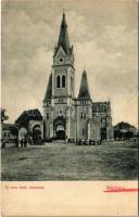 1909 Munkács, Mukacheve, Mukachevo, Mukacevo; Új római katolikus templom. Özv. Meisels Dávidné kiadása / Catholic church + "BÁTYÚ - LAVOCZNE 110. SZ." vasúti mozgóposta bélyegző (EK)