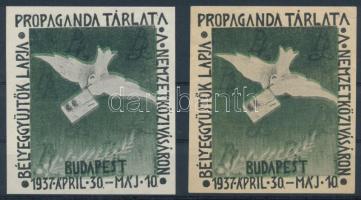 1937/3a+3b Bélyeggyűjtők Lapja propaganda tárlata emlékív pár eltolódott színekkel (13.000) / souvenir sheet with shifted colours