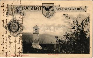 1900 Kolozsvár, Cluj; Rákóczy emlék. Üdvözlet címerrel. Kováts P. fiai kiadása / monument. Art Nouveau coat of arms (EB)