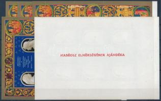 1990 Bibliotheca Corviniana vágott emlékív hátoldalán "MABÉOSZ ELNÖKSÉGÉNEK AJÁNDÉKA" felirattal + magyar/német/angol nyelvű fogazott és vágott emlékív (13.200) / souvenir sheet collection of 5