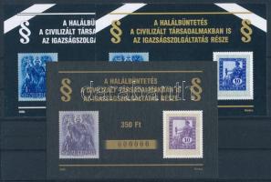 2000/59 A halálbüntetés emlékív 3 klf próbanyomata 0000 sorszámmal, feljegyzés melléklettel / 3 different souvenir sheet proof