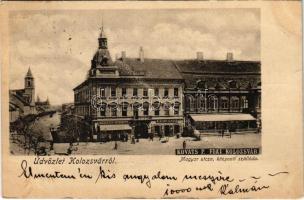 1900 Kolozsvár, Cluj; Magyar utca, Központi szálloda, Medgyesy és Nyegrutz, Biasini Sándor üzlete. Kováts P. Fiai kiadása / street view, hotel, shops (EK)