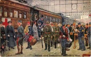 Ankunft eines Verwundetentransportes in Wien. Offizielle Karte für Rotes Kreuz, Kreigsfürsorgeamt, Kriegshilfsbüro Nr. 291. / WWI Austro-Hungarian K.u.K. military art postcard, hospital train arriving at the railway station in Vienna, injured soldiers, Red Cross nurses, medics, sanitary dog s: F. Witt (EK)