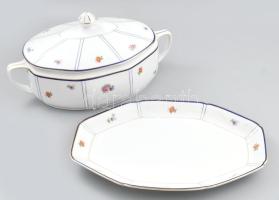 Art deco stílusú antik leveskínáló tál alátéttel, Csehszlovákia, kopással, 35x24x19 cm