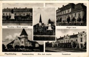 1940 Püspökladány, Városháza, Hősök szobra, Polgári iskola, Osztálymérnökség, Római katolikus templom, Vasútállomás (fa)