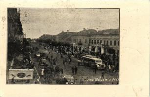 1940 Szászrégen, Reghin; Fő tér, autóbusz, Nivea, Cauron üzlet. Üdvözlet a felszabadult Szászrégenből! / Hauptplatz / main square, autobus, shops + "1940 Szászrégen visszatért" "1940 Székelyudvarhely visszatért" "1940 Beszterce visszatért" "1940 Szatmárnémeti visszatért" "1940 Nagybánya visszatért" "1940 Nagykároly visszatért" So. Stpl. (fl)