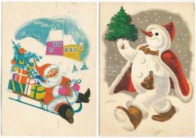 14 db MODERN magyar retro grafikai Karácsonyi Télapós üdvözlő képeslap. Képzőművészeti Alap / 14 modern Hungarian retro Christmas graphic postcards