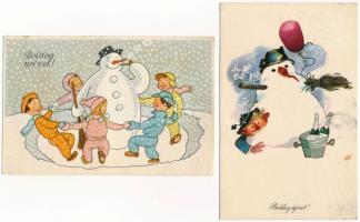 14 db MODERN magyar retro grafikai Karácsonyi és Újévi üdvözlő képeslap. Képzőművészeti Alap / 14 mo...