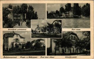 1942 Balatonszárszó, Strandfürdő park részlettel, Parti részlet, Magda és Balla penzió, Felső keleti villasor, Schneider penzió (EK)