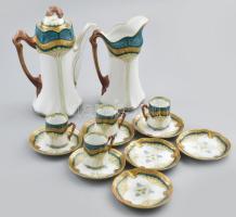 Art nouveau kávés készlet, sorszámmal jelezve, hiányos, 2 csésze sérült, m: 25 cm alatt
