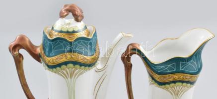 Art nouveau kávés készlet, sorszámmal jelezve, hiányos, 2 csésze sérült, m: 25 cm alatt