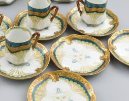 Art nouveau kávés készlet, sorszámmal jelezve, hiányos, 2 csésze sérült, m: 25 cm alatt