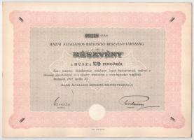 Budapest 1927. Hazai Általános Biztosító Részvénytársaság 20P-ről, szárazpecséttel, 09148 sorszámmal T:AU /  Hungary / Budapest 1927. Hazai Általános Biztosító Részvénytársaság (General Insurance Joint Stock Company share about 20 Pengő with embossed stamp, with 09148 serial number C:AU