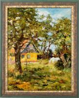 H. Molnár Magda (1935-): Sárga tanya I. Olaj, farost, jelzett. Hátoldalán autográf felirattal. Fa keretben. 33x45 cm.