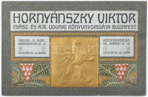 cca 1910-1920 Hornyánszky Viktor csász. és kir. udvari könyvnyomdája Budapest, dekoratív, dombornyomott, szecessziós reklámlap, jó állapotban, 16,5x11 cm