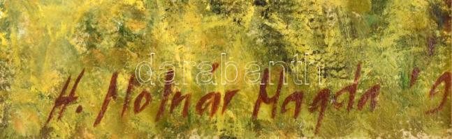 H. Molnár Magda (1935-2021): Ősz Fenyveshegyen. Dunakanyar. Olaj, farost, r, jelzett. Hátoldalán aut...