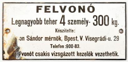 cca 1930 Felvonó zománcozott fém táblája, sérüléssel, 18x8,5 cm