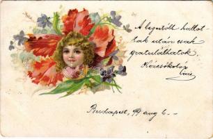 1899 Children art postcard, girl with flowers. litho (fl)