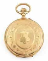 14k arany (Au) női zsebóra. Díszített tok, kis horpadással. Hibátlan számlap, lejáró üveg (plexi) mű...