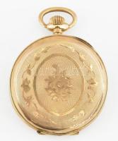 14k arany (Au) női zsebóra. Díszített tok, kis horpadással. Hibátlan számlap, lejáró üveg (plexi) mű...
