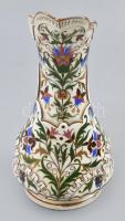 cca 1880-1890 Hollóházi díszkancsó, egész testén gazdagon elterülő kézzel festett virágmintákkal. Ko...