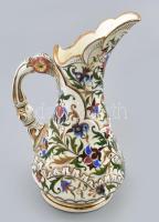 cca 1880-1890 Hollóházi díszkancsó, egész testén gazdagon elterülő kézzel festett virágmintákkal. Ko...