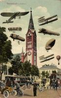 Buziásfürdő with zeppelins, trams and automobiles (EB)