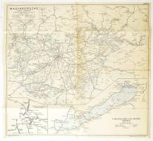 cca 1940 Magyarország vasúti térképe, a hivatalos menetrendkönyv melléklete, Balatoni vasúti és hajózási térképpel, 1:1,200.000, valamint Budapest pályaudvarainak vázlatos térképével, tervezte Tallián Ferenc, a hátoldalán a MÁVAUT autobusz-vonalak átnézeti térképével, 1:1,200.000, kiadja: Bp., Magyar Földrajzi Intézet Rt., hajtott, 51x56 cm