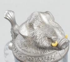 Vadászkorsó. Kacsa mintákkal díszített üveg, ón vaddisznó figurás takarótetővel, jelzéssel, hibátlan...