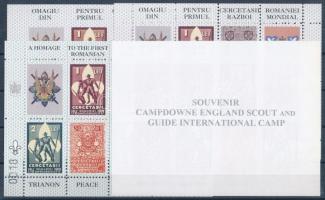 2000/E11 Trianon cserkész erdélyi kiadású 4 db-os emlékív garnitúra Cserkész Jumboree "Souvenir Campdown England Scout and guide International camp" hátoldali nyomatokkal / souvenir sheet collection of 4