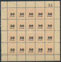 ~1944 Pesti Izraelita Hitközség Ifjúsági Csoportja 50f tagsági bélyegek 27-es sorszámmal, 20-as kisíven / Hungarian membership stamps in mini sheet of 20
