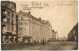 1913 Budapest XI. Budai Szent Imre Kollégium a Fehérvári úton (ma Bartók Béla út 17-19.), Szent Gellért Gyógyszertár, villamos, Iskola Akadémiai Előkészítő Tanfolyam (ázott / wet damage)